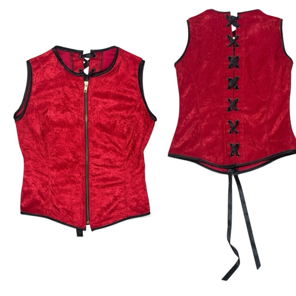 Red Velvet Lace Up Corset Vest Zip Gothic Burlesque Tank VTG Vamp Whimsygoth Y2K